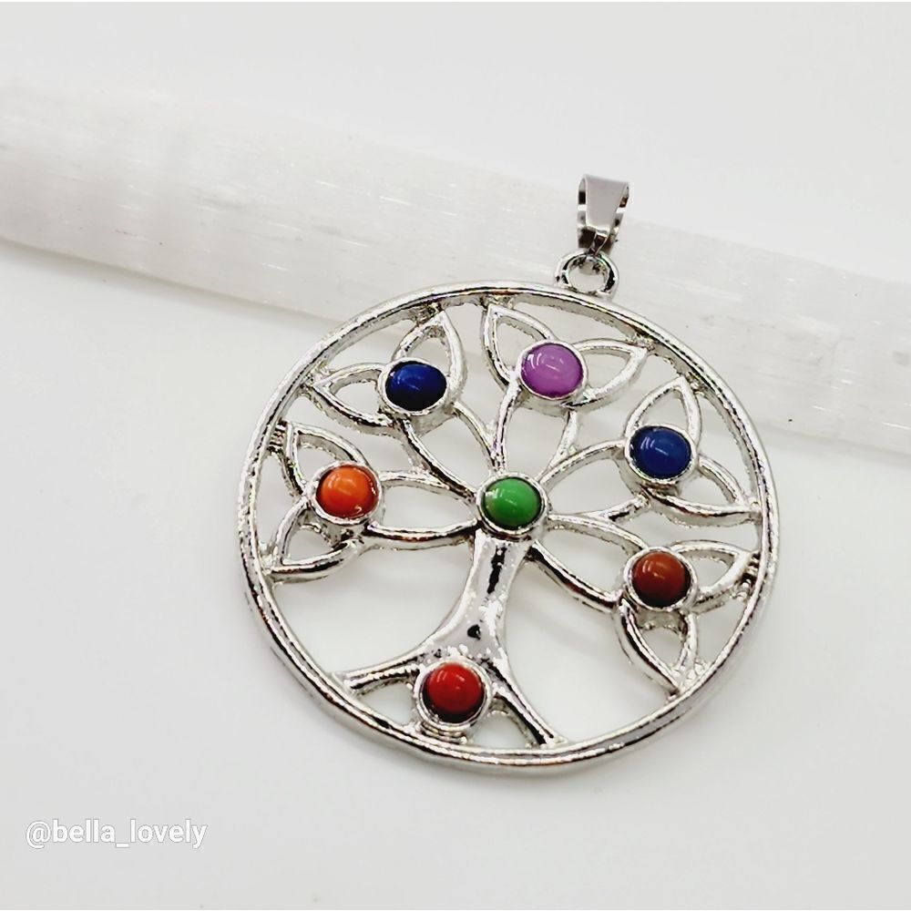 7 Color Stone Beads Chakra Healing Tree of Life Pendant 1.75"